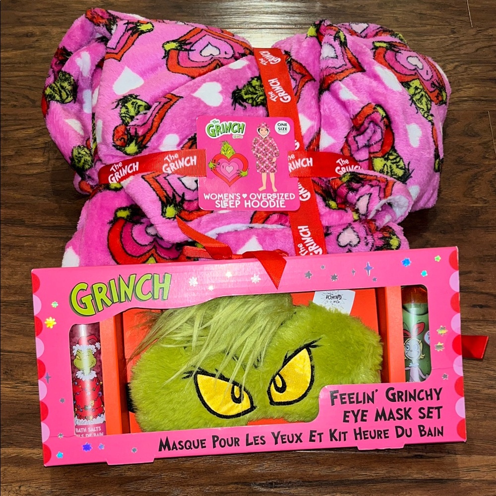 NEW The Grinch Pink Sleep Hoodie and Eye Mask Set